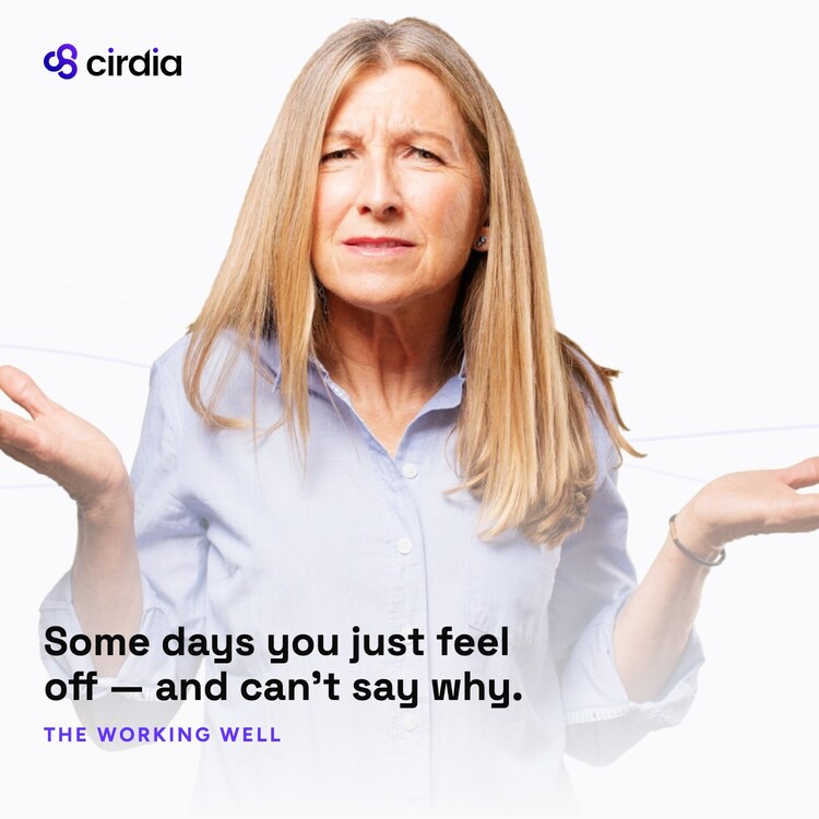 A woman in a light blue shirt shrugging with a puzzled look, beside the words: Some days you just feel off and can't say why. That's exactly who we built Tapestry for.